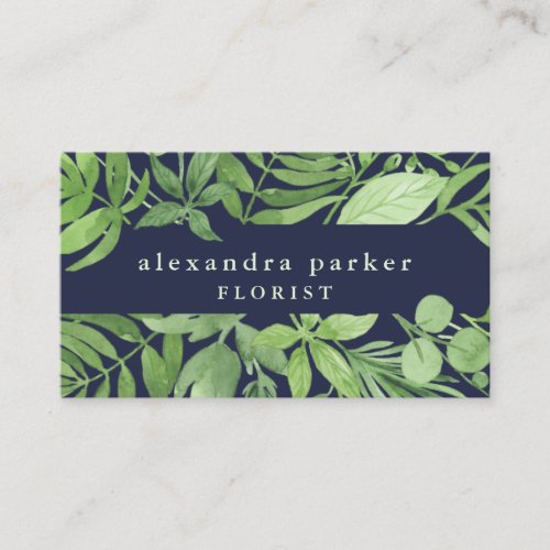 Luxe Leaves  Green Botanical Frame on Dark Blue Business Card