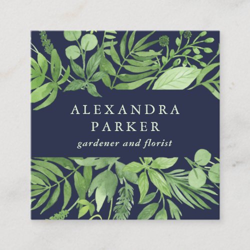 Luxe Leaves  Green Botanical on Midnight Blue Square Business Card