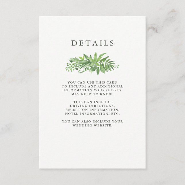 Luxe Leaves Green Botanical Wedding Guest Details Enclosure Card (Front)