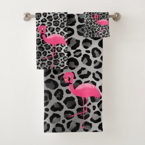 LUXE LEOPARD SILVER FLAMINGO BATHROOM TOWEL SET