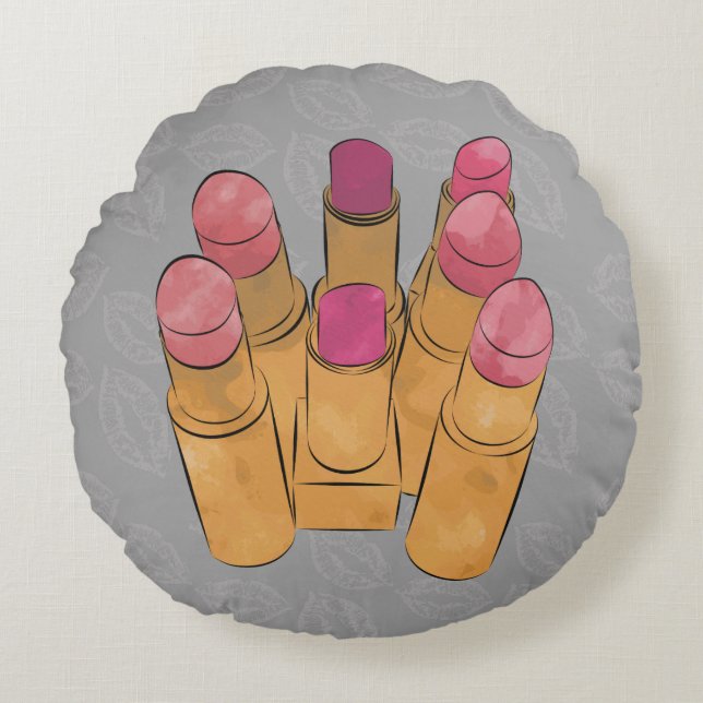 Luxe Lipstick Kiss Gray Round Throw Pillow (Front)