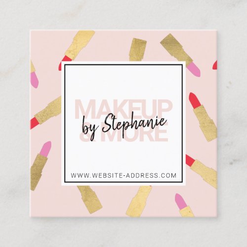 Luxe Lipstick Pattern Makeup Artist Cosmetics Pink Square Business Card