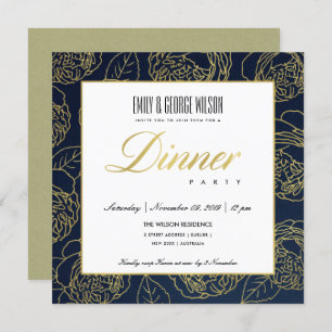 LUXE LUSH NAVY FAUX GOLD ROSE FLORAL DINNER PARTY INVITATION