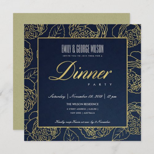 LUXE LUSH NAVY FAUX GOLD ROSE FLORAL DINNER PARTY INVITATION
