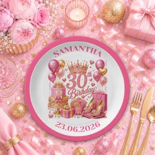 Luxe Magenta Gold Sparkle 30th Birthday Paper Plat Plates