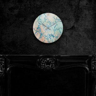 Luxe Marble Beautiful Yellow and Coral Teal Vein Round Clock