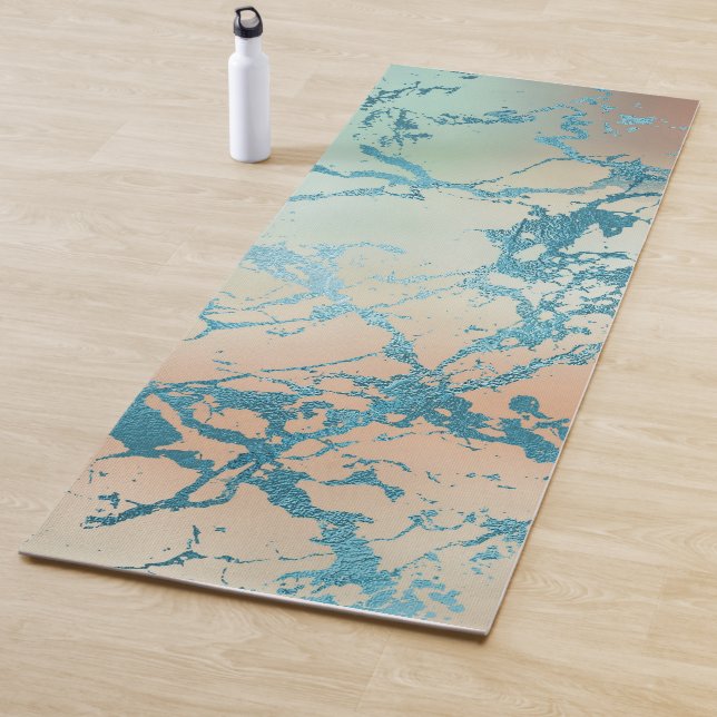 Luxe Marble | Beautiful Yellow and Coral Teal Vein Yoga Mat (In Situ)