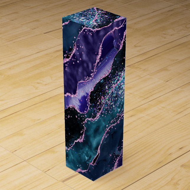 Luxe Marble Crystal Purple Teal Glitter Agate Wine Box (Front)