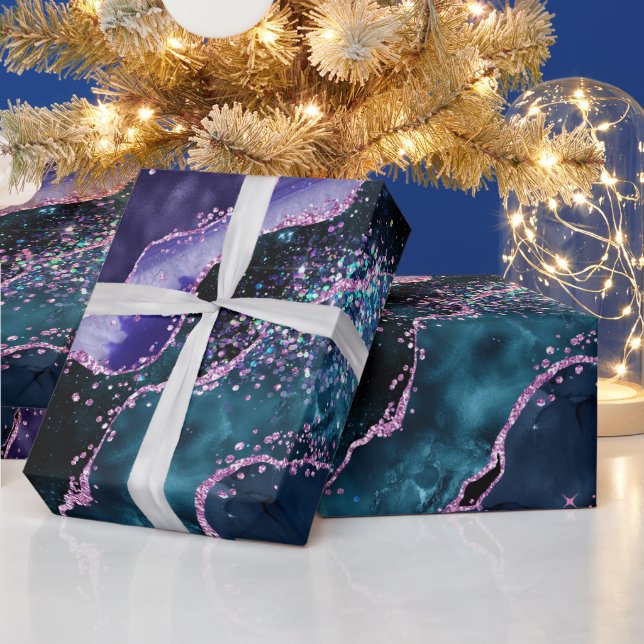 Luxe Marble Crystal Purple Teal Glitter Agate Wrapping Paper (Holidays)