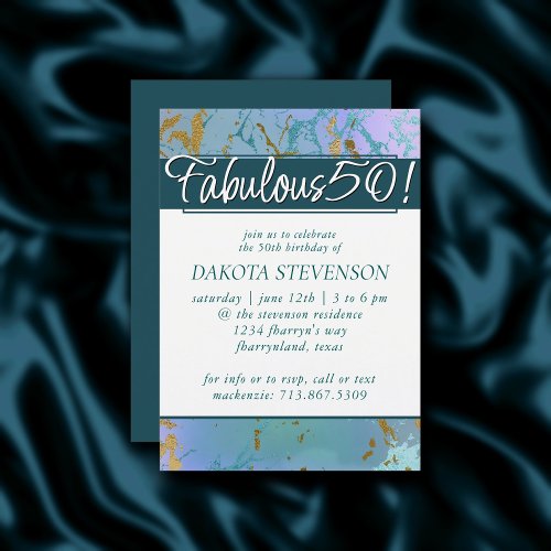 Luxe Marble  Dusty Blue Green Gold Fabulous 50th Invitation