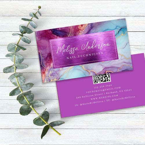 Luxe Marble Foil Purple QR Code Business Card