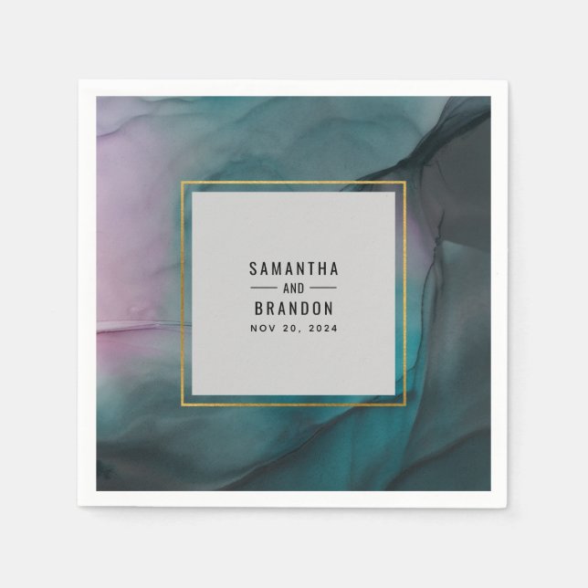 Luxe Marble Ink Wash Jewel Tones Wedding Napkins (Front)