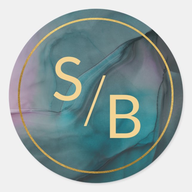 Luxe Marble Ink Wash Jewel Tones with Monogram Classic Round Sticker (Front)