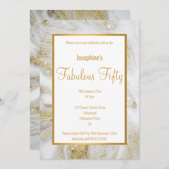 LUXE MARBLE PEARL GOLD ABSTRACT CUSTOM INVITATION (Front/Back)