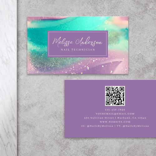Luxe Marble Pink Teal QR Code Business Card