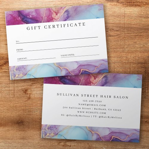 Luxe Marble Purple Teal Business Gift Certificate