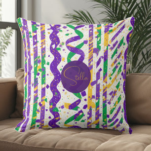 Luxe Mardi Gras Purple Gold Green Stripes Confetti Throw Pillow
