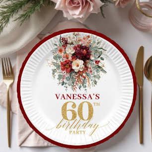 Luxe Marsala Gold Floral Autumn 60th Birthday Pape Paper Plates