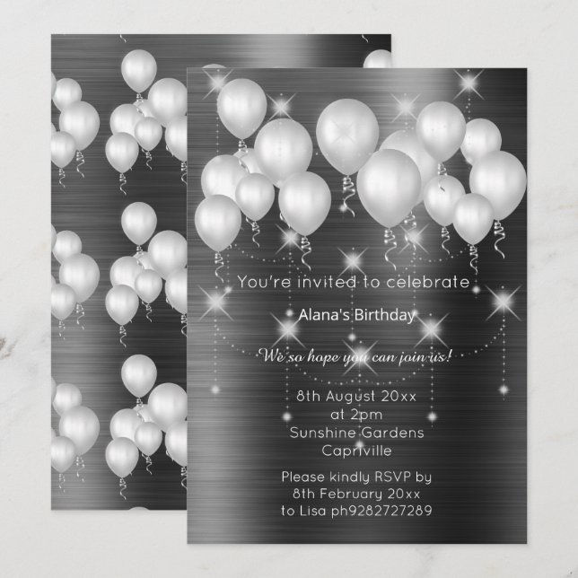 LUXE METALLIC BLACK BALLOON BIRTHDAY INVITATION (Front/Back)
