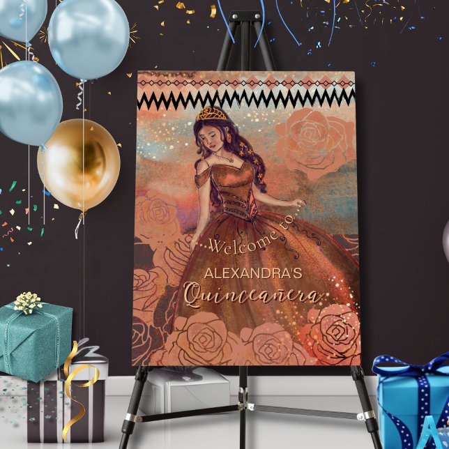 Luxe Metallic Copper Quin  - Grand Ball Gown Foam Board (Elegant Vintage Copper Rose Quinceañera Welcome Foam Board)