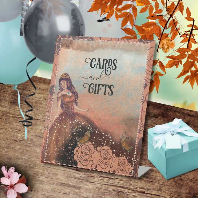 Luxe Metallic Copper Quinceañera Cards and Gifts  Pedestal Sign (Elegant Vintage Copper Rose Quinceañera Pedestal Sign)