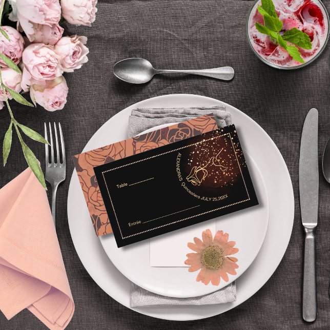 Luxe Metallic Copper Quinceañera  Elegant Rose Place Card (Elegant Vintage Copper Rose Quinceañera Place Card)