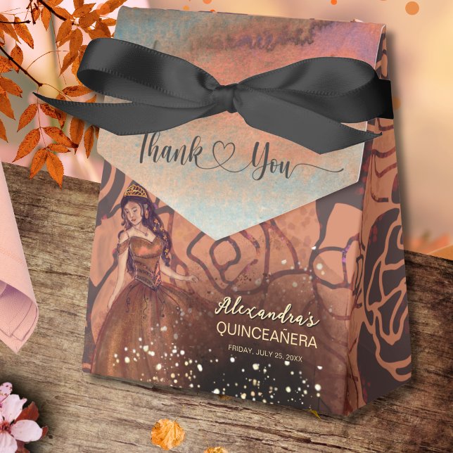 Luxe Metallic Copper Quinceañera Favor Box  (Elegant Vintage Copper Rose Quinceañera Favor Box)