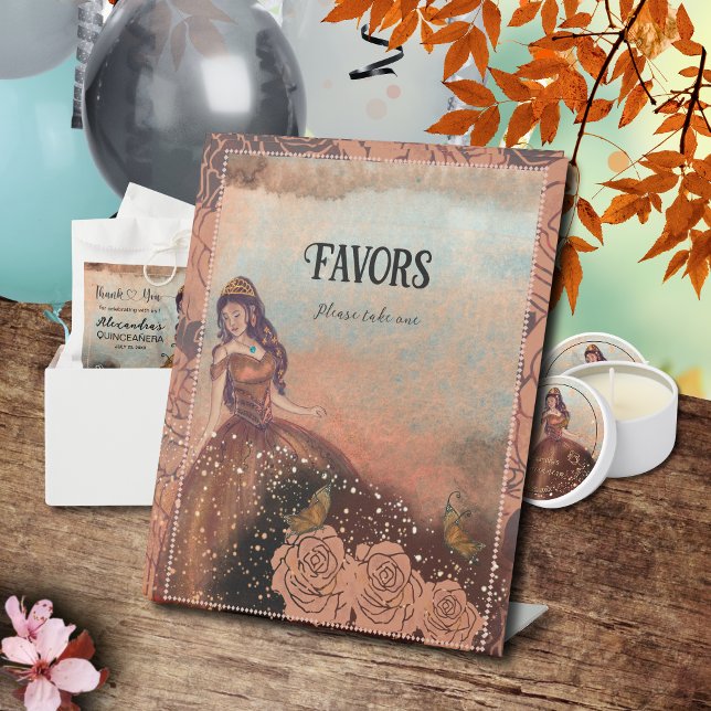 Luxe Metallic Copper Quinceañera Favors Sign  (Elegant Vintage Copper Rose Quinceañera Favors Pedestal Sign)