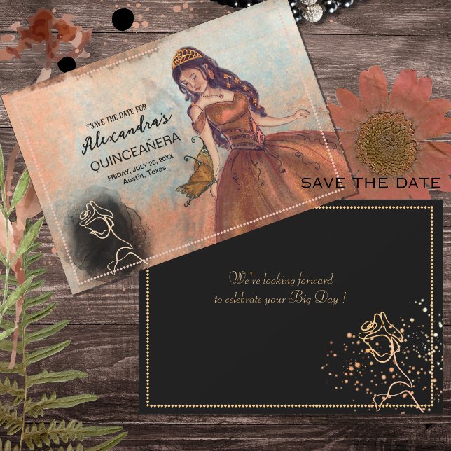 Luxe Metallic Copper Quinceañera Save the Date  (Elegant Vintage Copper Rose Quinceañera Save The Date)