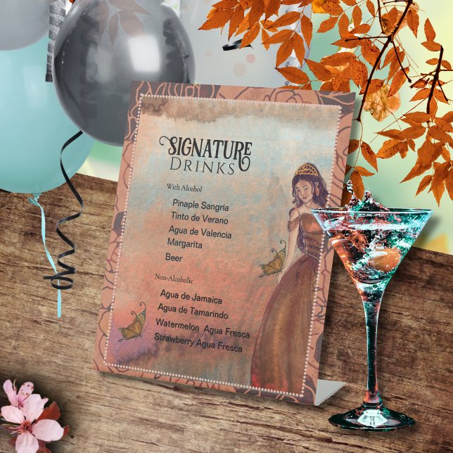 Luxe Metallic Copper Quinceañera Signature Drinks  Pedestal Sign (Elegant Vintage Copper Rose Quinceañera Drink Menu Pedestal Sign)