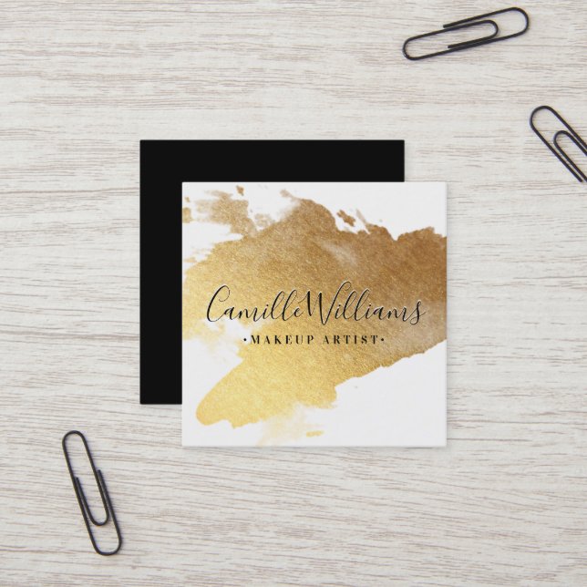 LUXE MINIMALIST glam faux gold foil splash black Square Business Card (Front/Back In Situ)