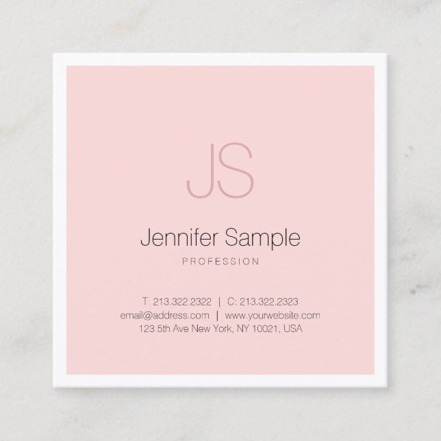 Luxe Modern Chic Monogram Design Clean Pink Plain Square Business Card (Front)