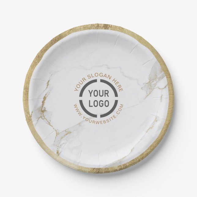 Luxe modern faux gold marble company logo paper plates (Front)