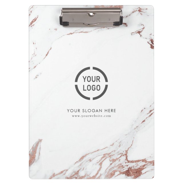 Luxe modern faux rose gold marble company logo clipboard (Front)