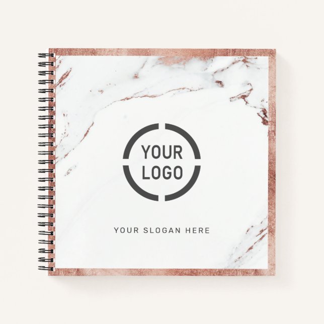 Luxe modern faux rose gold marble company logo notebook (Front)