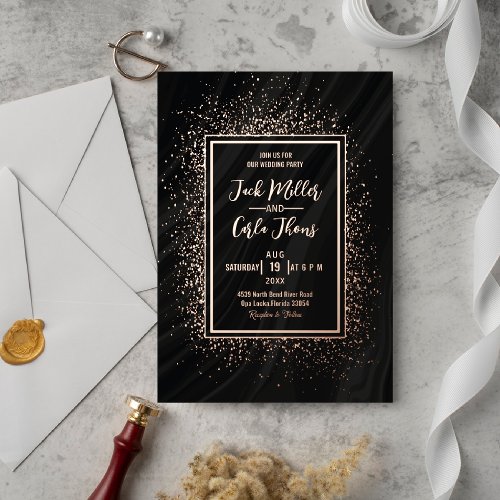 Luxe Modern Glitter Rose Gold  Black Wedding  Foil Invitation