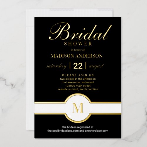 Luxe Monogram Chic Bridal Shower Black And Gold Foil Invitation