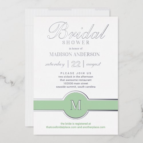 Luxe Monogram Chic Bridal Shower Green Silver Foil Invitation