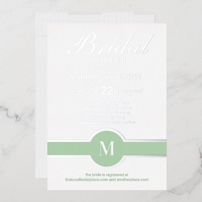 Luxe Monogram Chic Bridal Shower Green Silver Foil Invitation (Envelope)