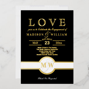 Luxe Monogram LOVE Engagement Party Black And Gold Foil Invitation