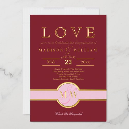 Luxe Monogram LOVE Engagement Party Burgundy Gold Foil Invitation