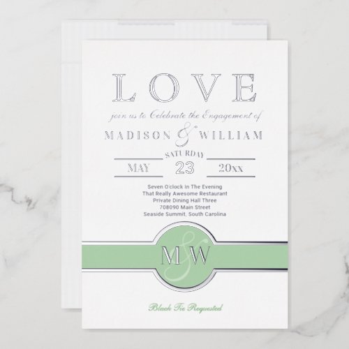 Luxe Monogram LOVE Engagement Party Green Silver Foil Invitation