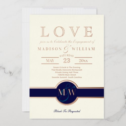 Luxe Monogram LOVE Engagement Party Navy Rose Gold Foil Invitation