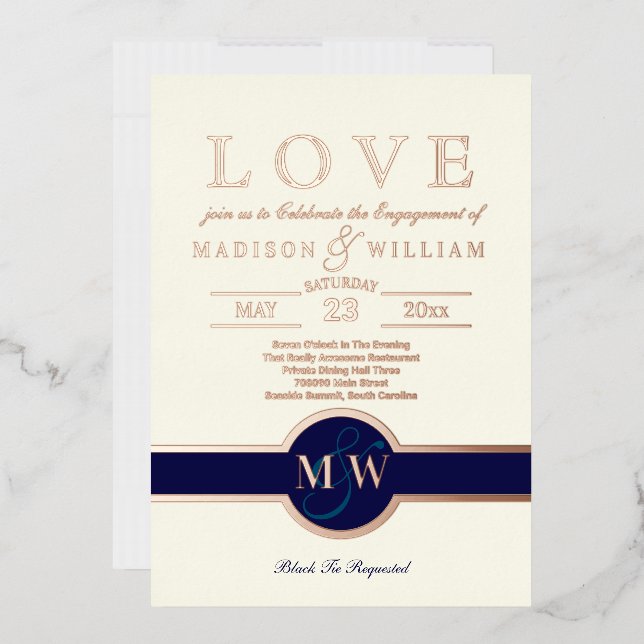 Luxe Monogram LOVE Engagement Party Navy Rose Gold Foil Invitation (Envelope)