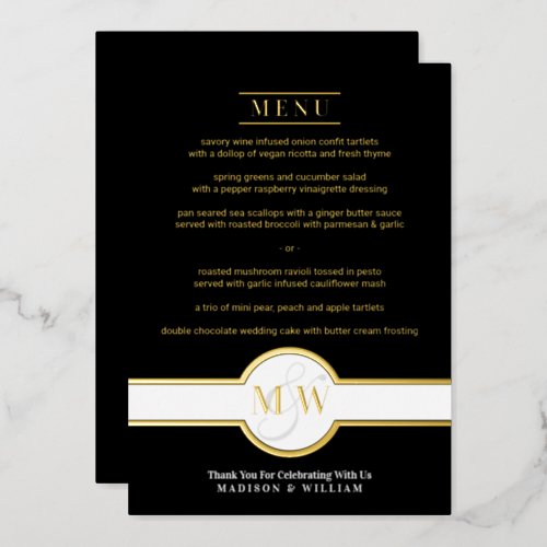 Luxe Monogram Modern Elegant Menu Black And Gold Foil Invitation
