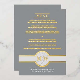 Luxe Monogram Modern Elegant Menu Gray And Gold Foil Invitation