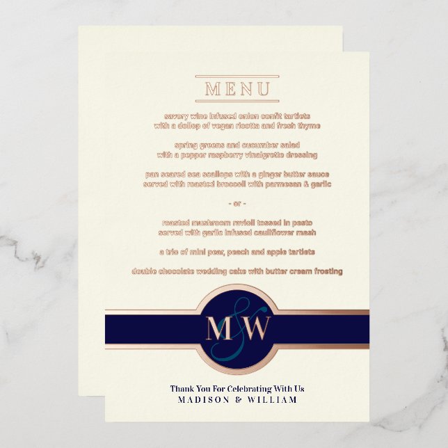 Luxe Monogram Modern Elegant Menu Navy Rose Gold Foil Invitation (Front/Back)