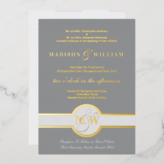 Luxe Monogram Modern Wedding Gray And Gold Foil Invitation (Envelope)