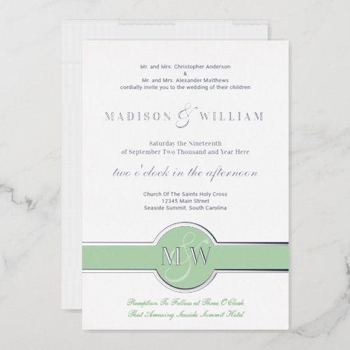 Luxe Monogram Modern Wedding Green Silver Foil Foil Invitation