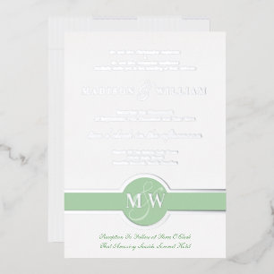 Luxe Monogram Modern Wedding Green Silver Foil Invitation